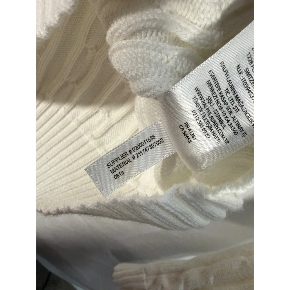 Polo Ralph Lauren White Cable Knit Cotton Sweater Crew Neck Navy Pony Small SP